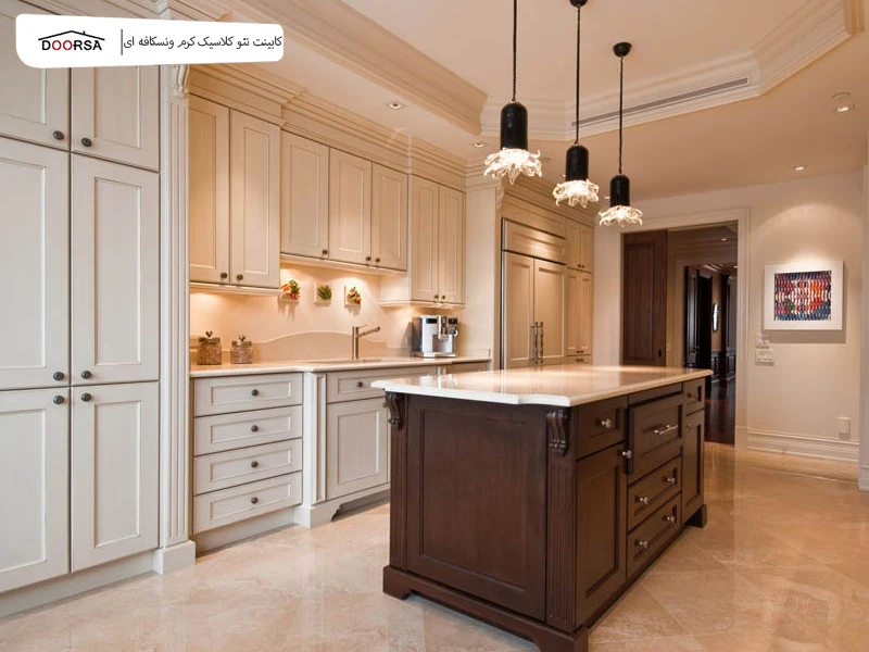 بهترین رنگ کابینت نئو کلاسیک کرم و نسکافه ای
