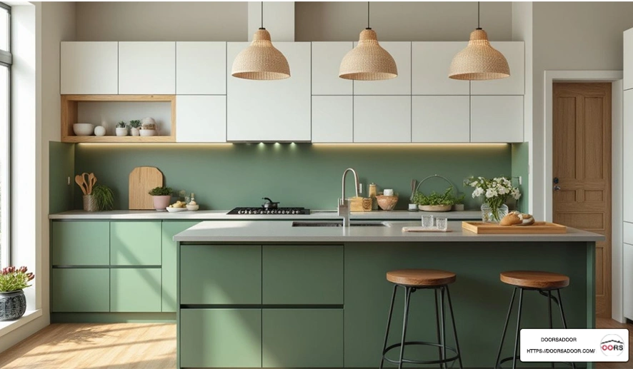ترکیب رنگ کابینت سفید با سبز