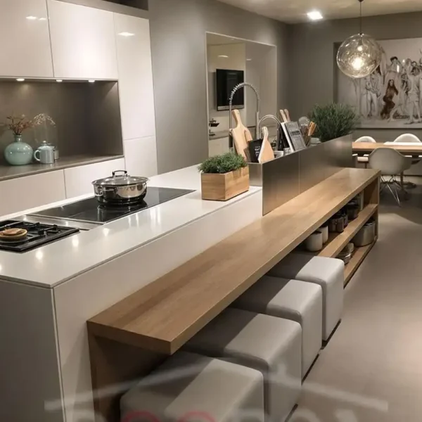 کابینت سفید مات و چوب روشن در سبک مدرن