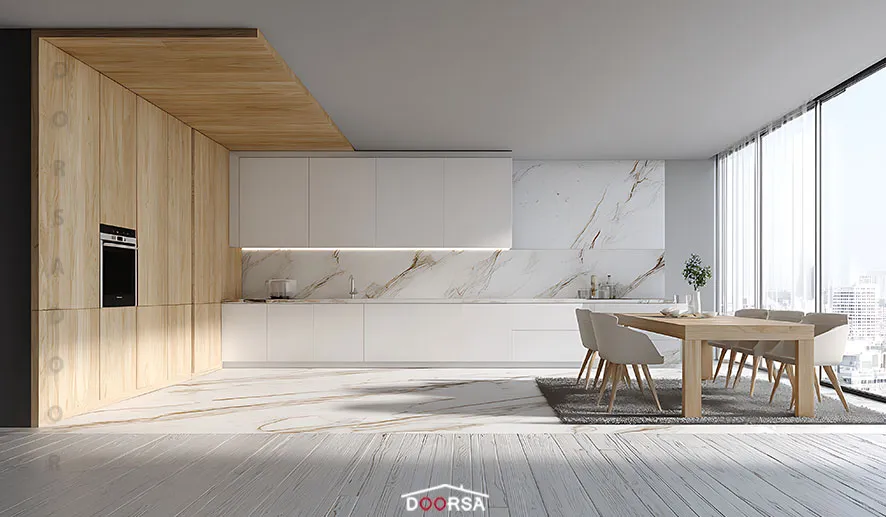 کابینت دو رنگ سفید طلایی ام دی اف روکش چوب